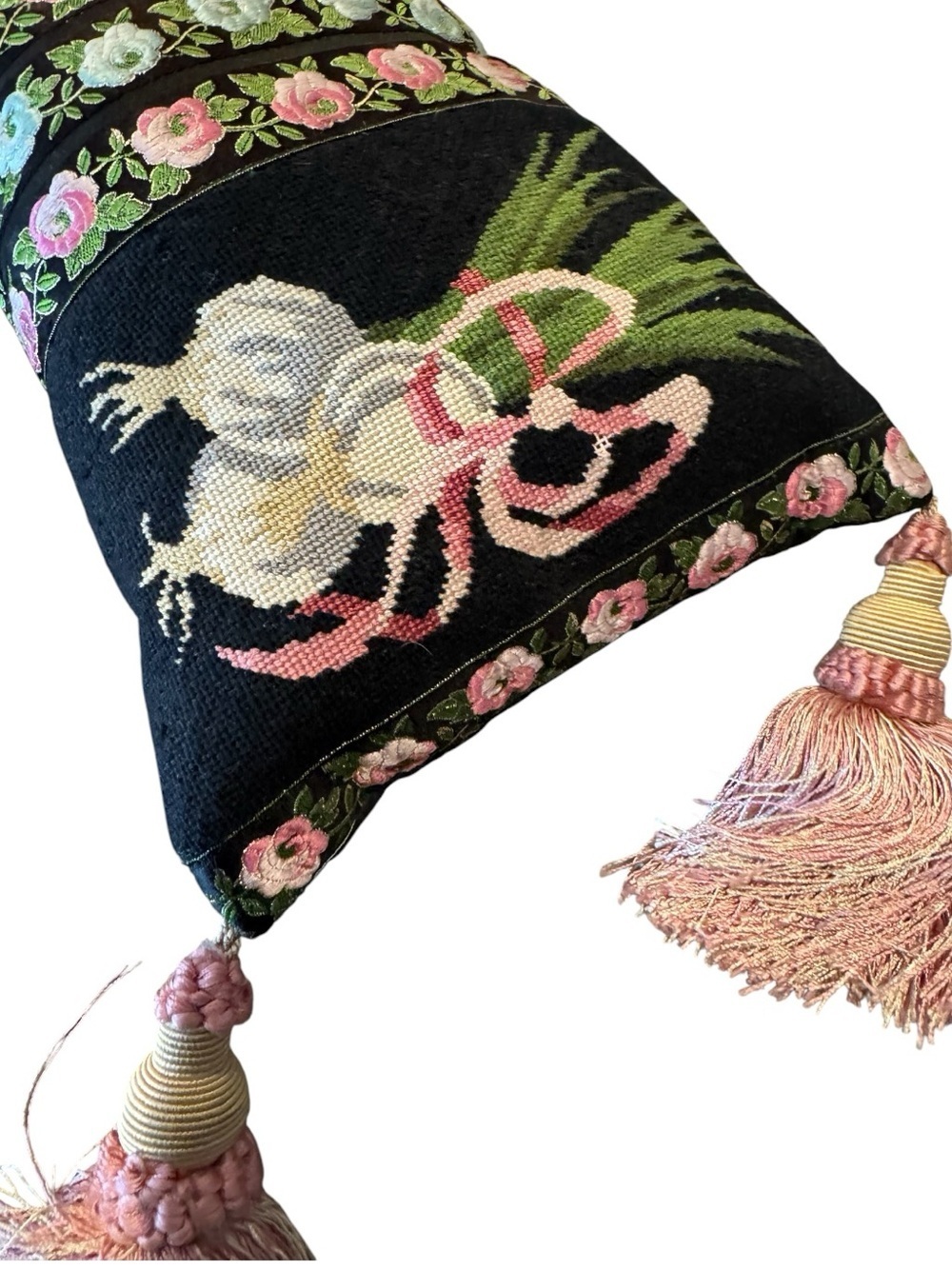 Embroidered Floral Bolster Pillow with Tassels - Botanical Garden Cottagecore - Picture 5 of 8